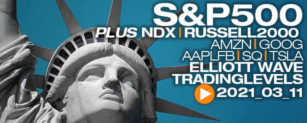 SP500, NASDAQ, Russell 2000, AMZN, GOOG, AAPL, FB,SQ,TSLA, Technical Analysis Elliott Wave  11 March